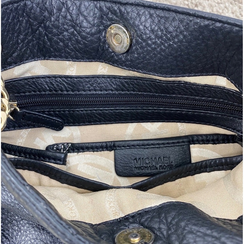 Michael Kors Shoulder Bag Black Leather Slouchy Chain MK Charm Gold Tone Purse - Picture 11 of 12